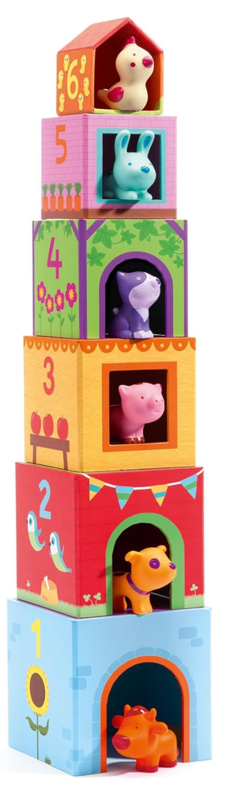 TopaniCar Nesting Blocks & Cars wooden stacking blocks with six colorful farm animal figures in a tower arrangement.