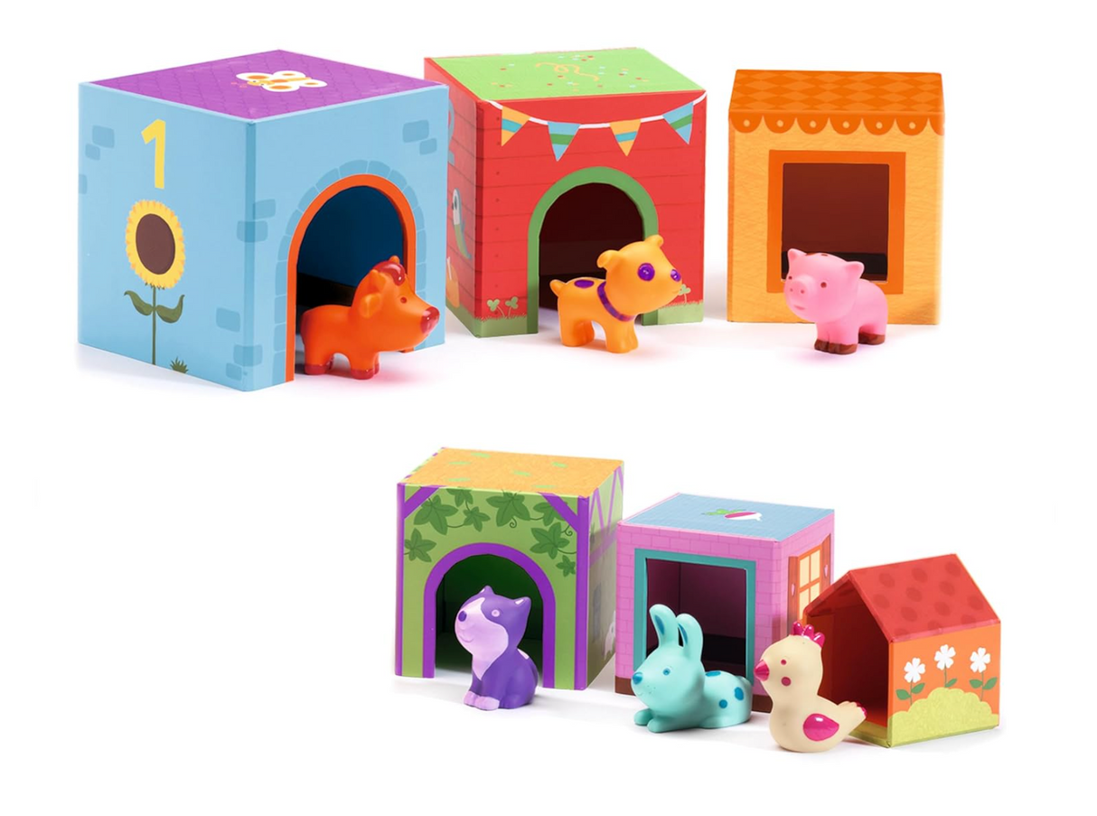 TopaniCar Nesting Blocks & Cars wooden farm-themed stacking blocks with six colorful animal figures for toddlers aged 18 months plus.