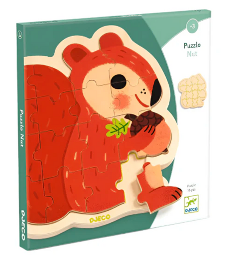 16pc Puzzlo Nut Wooden Puzzle featuring a colorful squirrel inside a wooden frame with 16 sturdy pieces for ages 3+