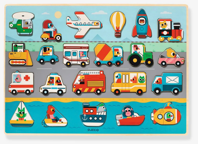 Puzzlo Vroom Wooden Puzzle with 22 colorful vehicle pieces including cars, planes, boats, and trucks for children age 2+