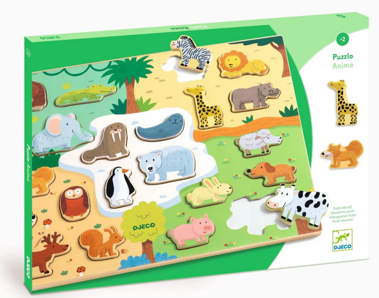 Puzzlo Animal Wooden Puzzle with 22 chunky animal pieces matching their shapes and habitats on a colorful wooden base.