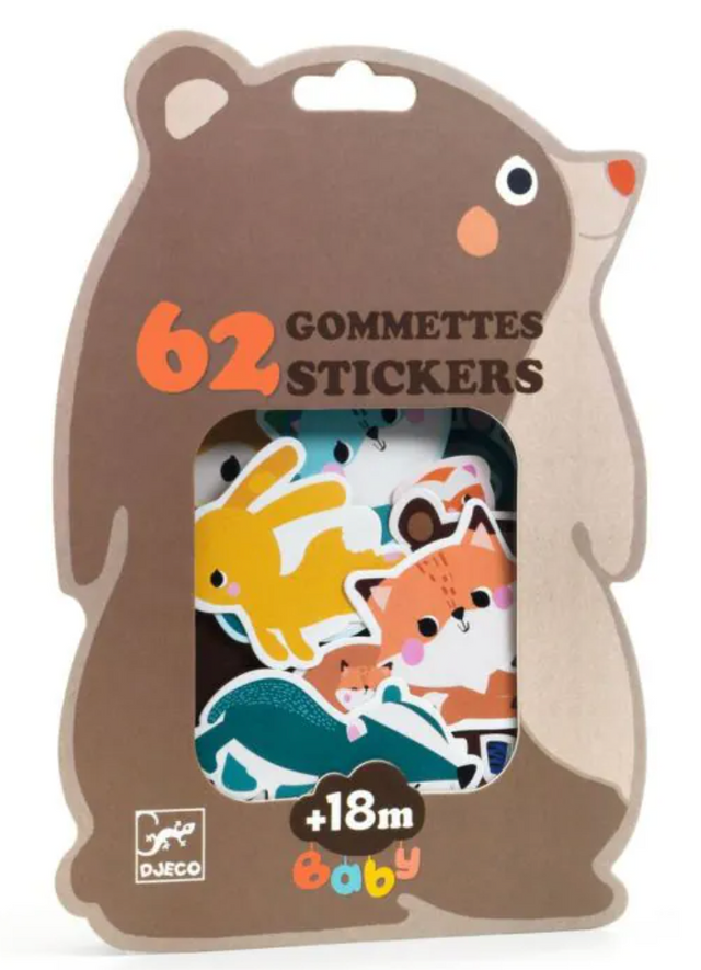 Baby Stickers | Forest Animals in bear-shaped box with 62 large, pre-cut, reusable animal stickers for toddlers 18+ months.