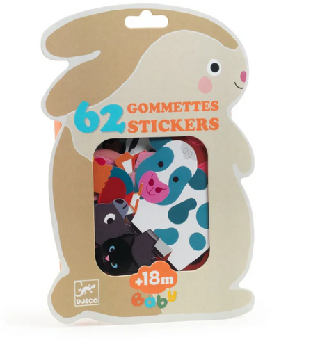Baby Stickers | Farm Animals packaging shaped like a bunny with 62 colorful farm-animal stickers inside for ages 18 months and up.