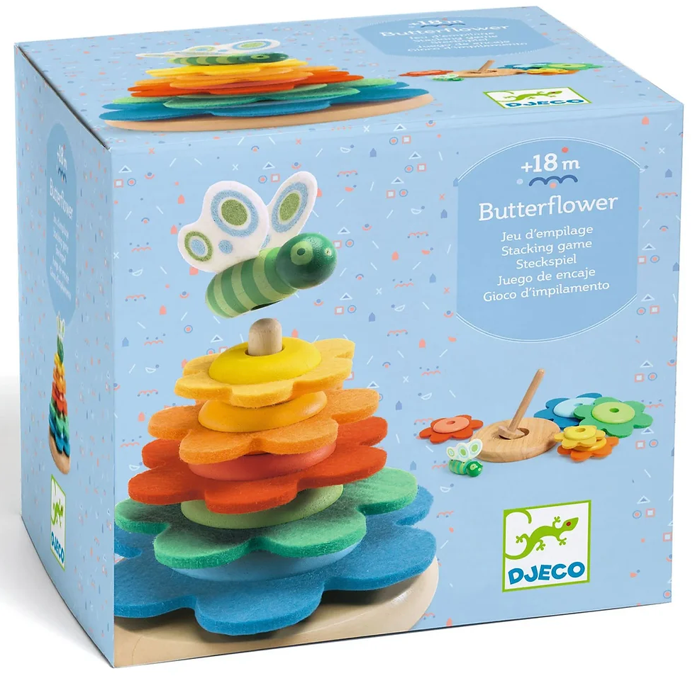 Butterflower Stacking by Djeco wooden and felt stacking game with colorful butterfly for toddlers 18 months plus.