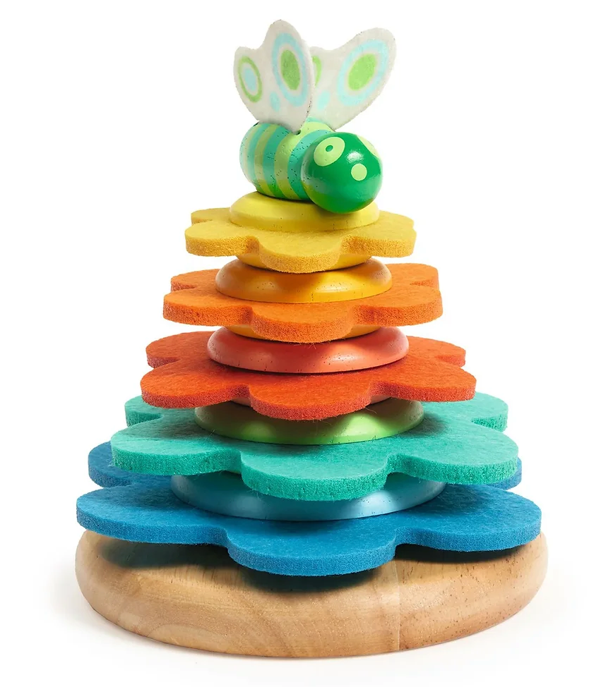 Colorful wooden and felt discs stacked on Butterflower Stacking toddler toy with butterfly topper on wooden base.