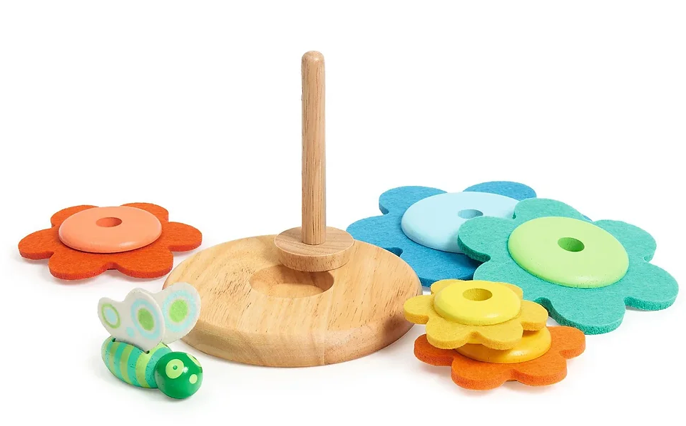 Butterflower Stacking wooden and felt discs in flower shapes with a butterfly figure for toddler play and learning.