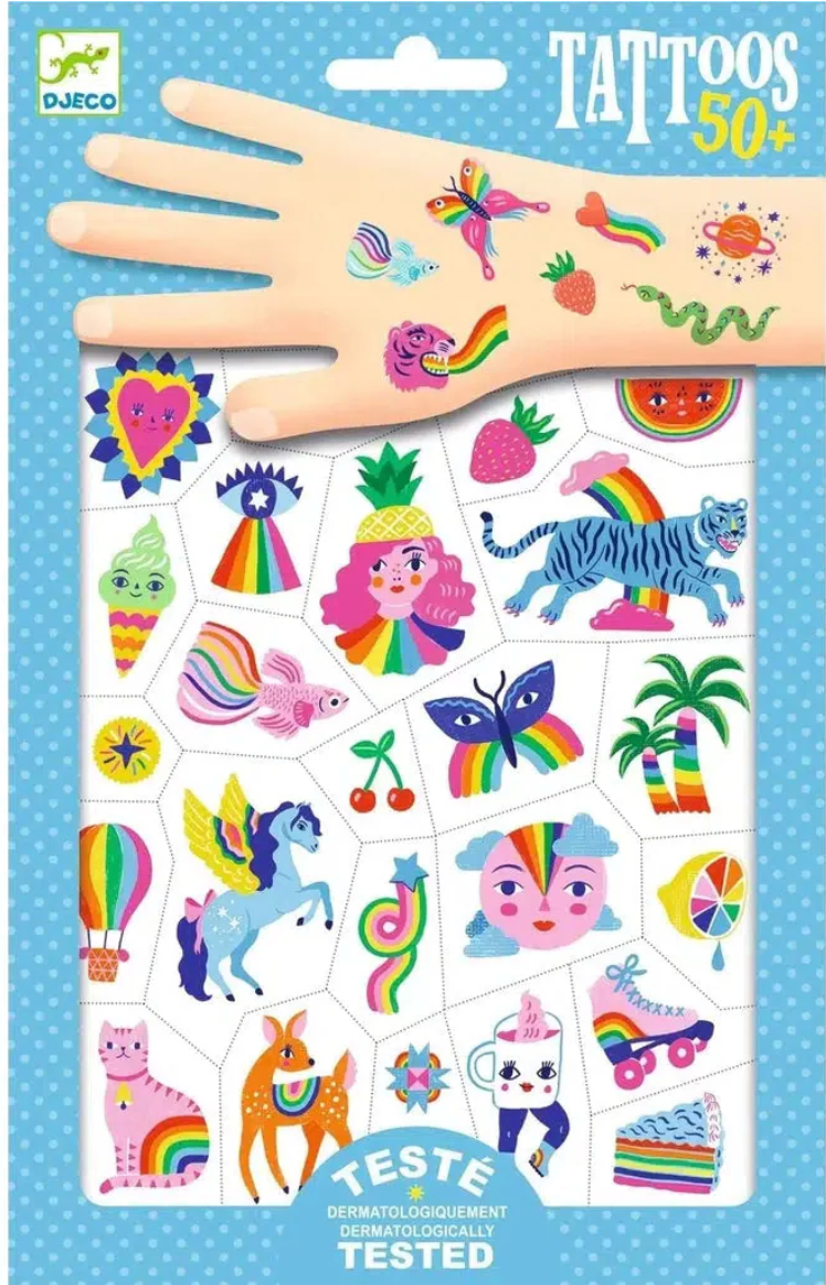 Rainbow Tattoos temporary tattoo sheets with colorful animal and fruit designs, easy to apply and dermatologically tested.