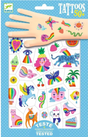 Rainbow Tattoos temporary tattoo sheets with colorful animal and fruit designs, easy to apply and dermatologically tested.
