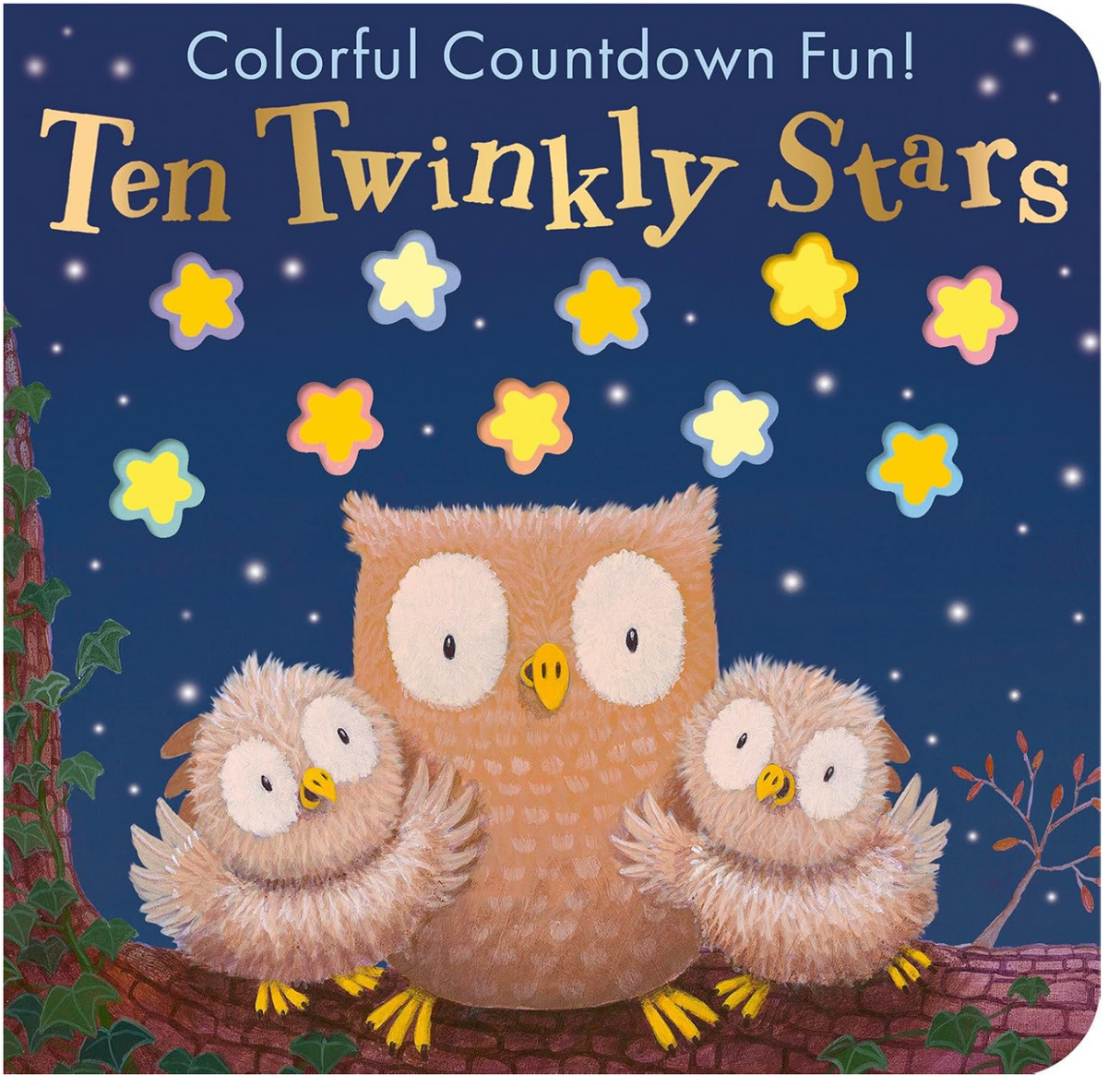 Ten Twinkly Stars book cover with a mother owl and two owlets under colorful twinkling stars at night.