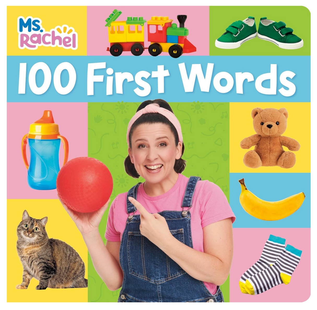 Ms Rachel 100 First Words board book cover with colorful images and Ms. Rachel holding a red ball for toddlers age 2+ learning.