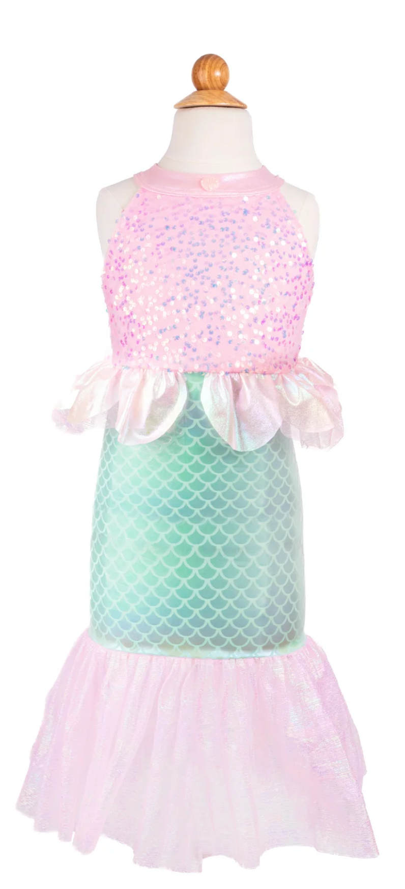 Misty Mermaid Dress | Pink with pink sequin top, shell trim, teal scale skirt, and flowing tulle mermaid tail detail.