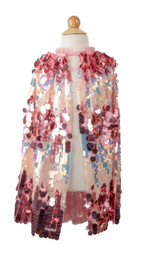 The 5th Avenue Pailette Cape | Pink with large and small pink sequins and a delicate tulle collar.