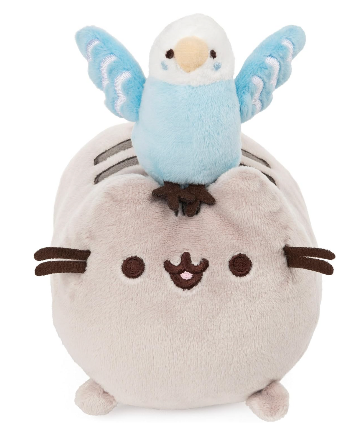 Pusheen & Bo Best Friend Set plush toy with smiling Pusheen and blue-winged Bo on top, soft and cuddly design