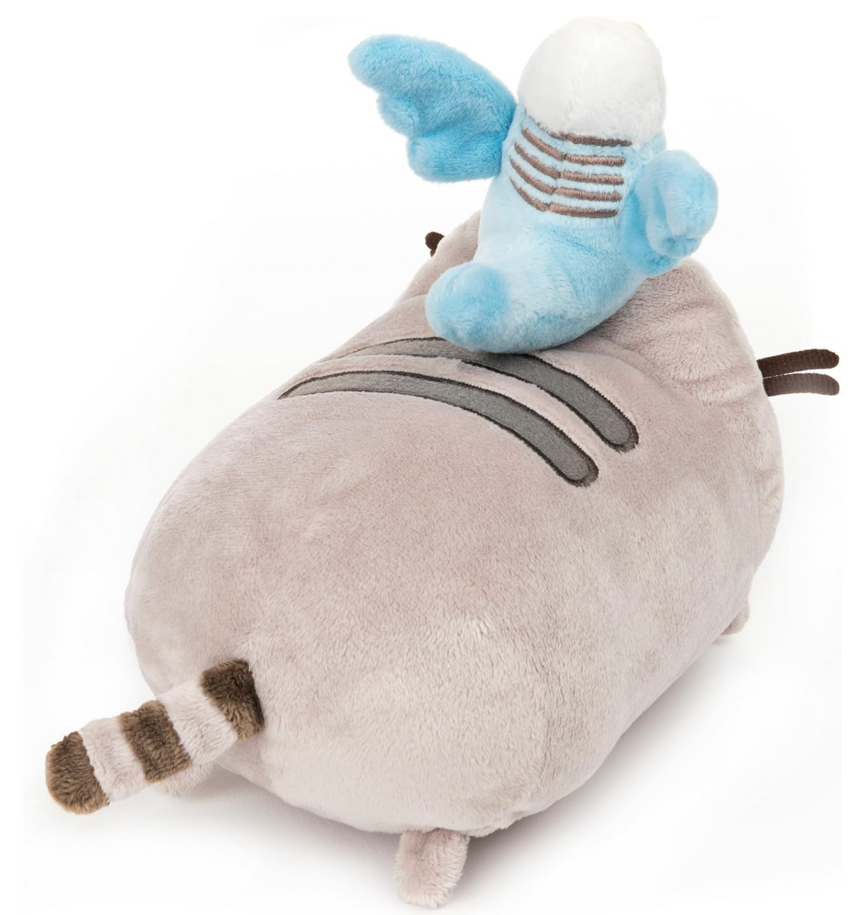 Pusheen & Bo Best Friend Set plush toy with 3” blue-winged Bo sitting on 6” smiling Pusheen, soft and cuddly.