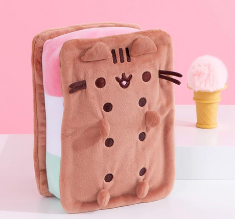 Pusheen Ice Cream Sandwich plush with soft Neapolitan ice cream layers and brown cookie shell on pink background.