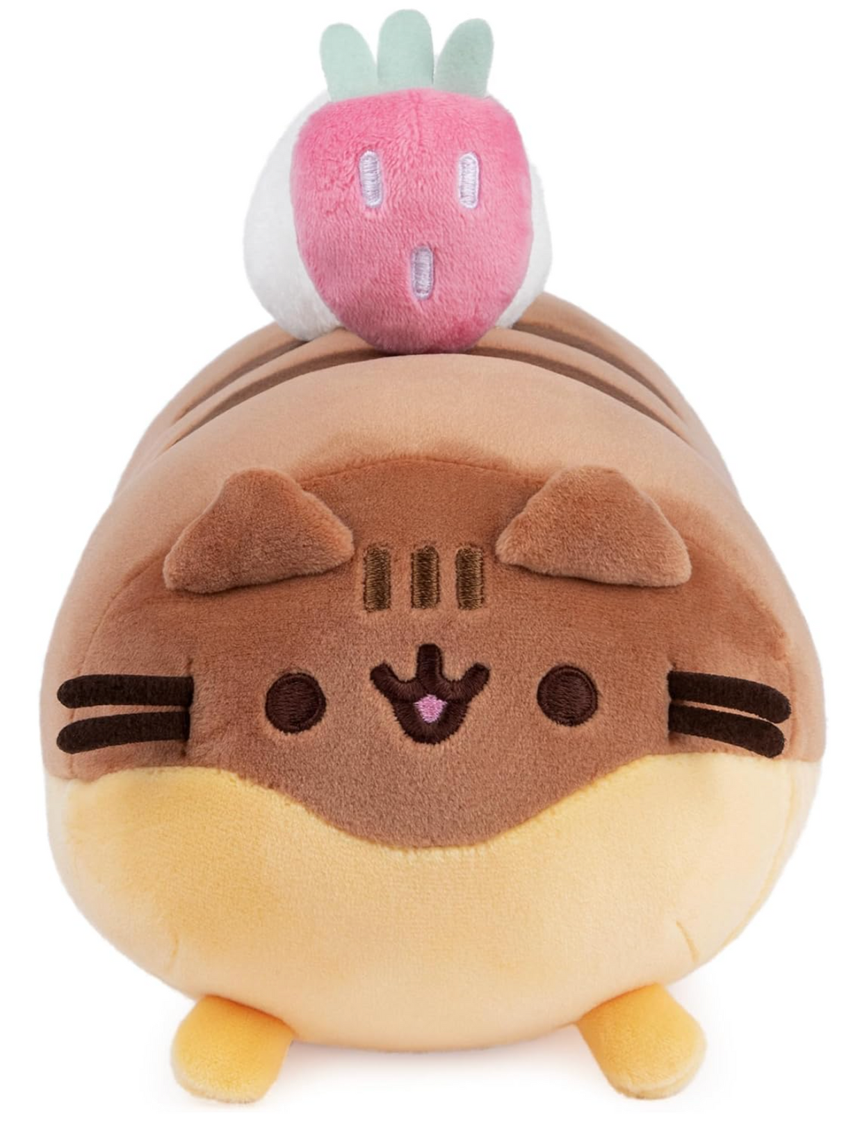 Pusheen Squisheen Eclair plush with embroidered face, chocolate éclair design, yellow and brown soft fabric, topped with strawberry.