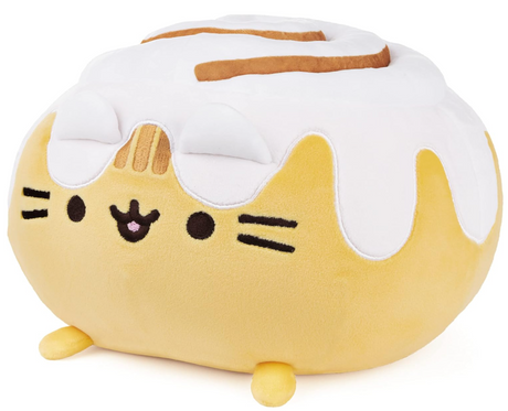 Pusheen Squisheen CinnamonRoll plush toy with soft yellow and brown swirls and white icing, super squishy and cuddly.