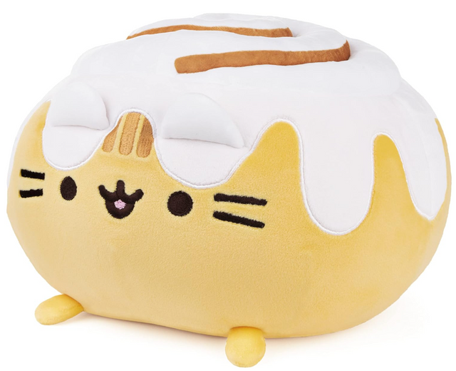 Pusheen Squisheen CinnamonRoll plush toy with soft yellow and brown swirls and white icing, super squishy and cuddly.