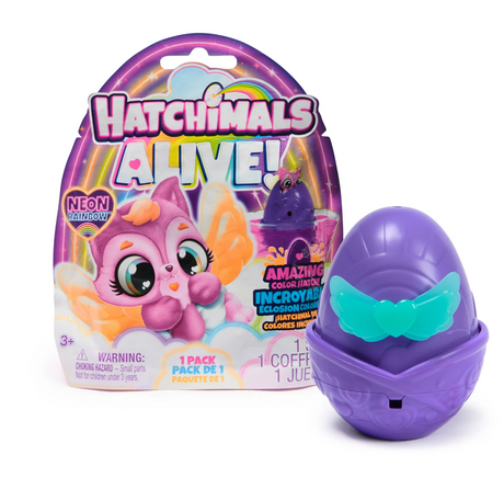 Hatchimals Alive Neon Rainbow Blind Box with purple egg and colorful packaging showing the toy character inside.