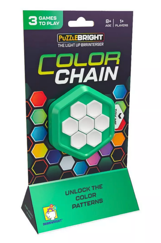 Color Chain by Puzzle Bright logic game with hexagonal buttons and colorful puzzle design packaging.