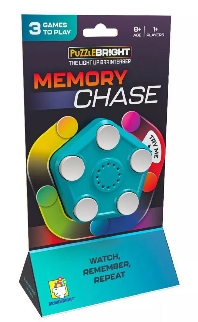 Memory Chase by Puzzle Bright electronic brainteaser with multi-colored LEDs and 3 challenging memory games for age 8+