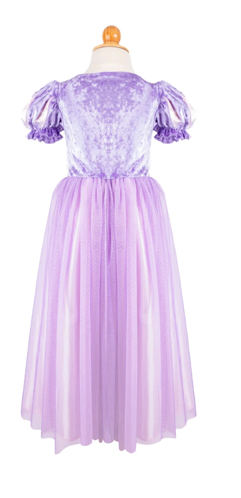 Once Upon a Tower Princess Dress in soft purple velvet with puffed sleeves and flowing tulle skirt, shown from the back.