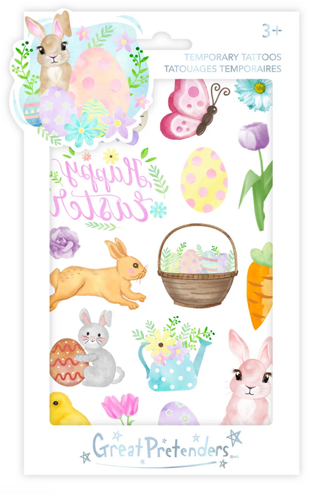 Easter Bunny Tattoos featuring watercolor bunnies, Easter eggs, flowers, and a butterfly for kids aged 3 and up.