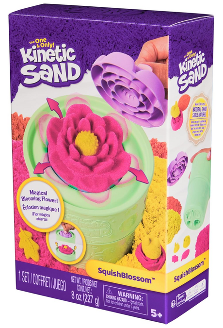 Kinetic Sand SquishBlossom kit with blooming flower mold, neon pink and yellow sand, and flowerpot for creative play.