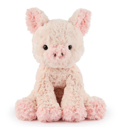 Cozys Pig plush with soft peachy-pink textured fur, floppy limbs, button nose, and curly tail perfect for hugging.