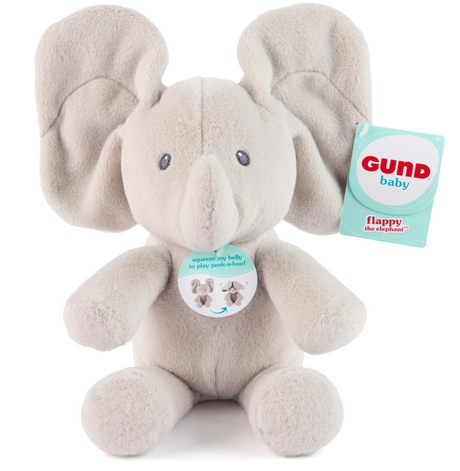 Peek-a-Boo Flappy the Elephant soft gray plush toy with movable ears for interactive peek-a-boo play and cuddly comfort.