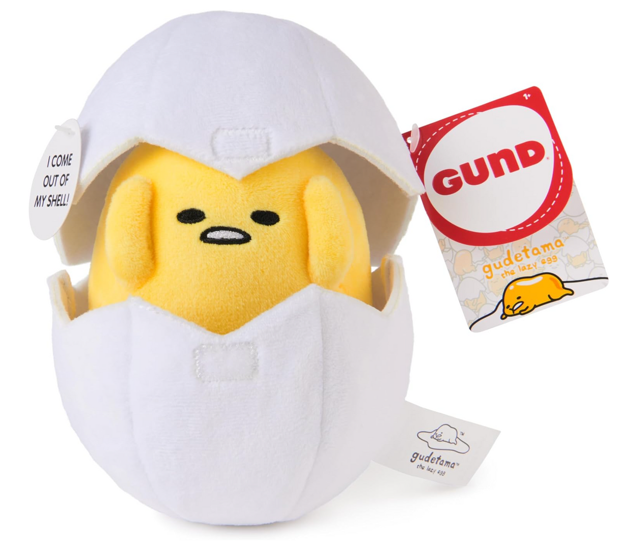 Gudetama in Eggshell plush toy with a soft white cracked shell and alarmed yellow yolk character inside.