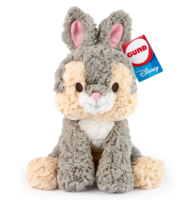 Cozys Thumper plush bunny with soft gray and cream fur, pink ears, and fluffy tail, perfect for cuddling.