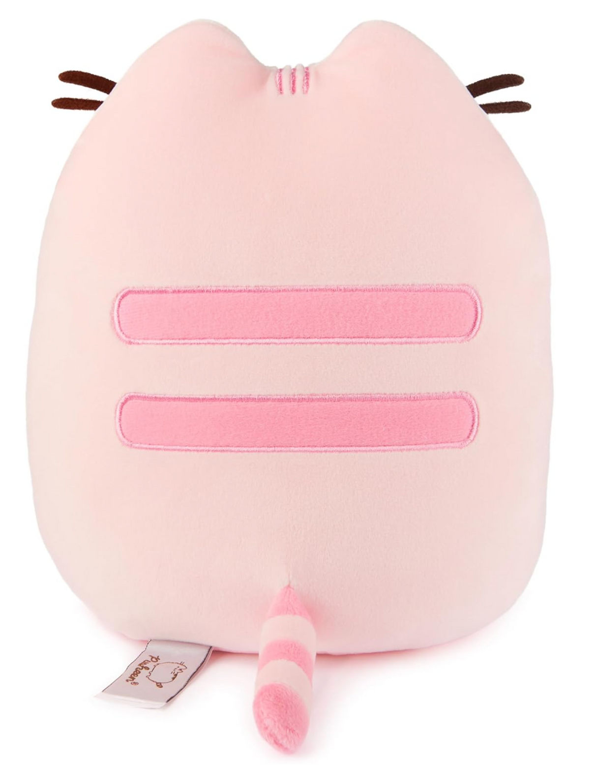 Pusheen Cherry Macaron plush back view showing soft pink fabric with embroidered stripes and tail details.