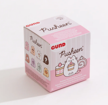 Pusheen Patisserie Blind Box featuring surprise plush desserts with keychain, collectible miniature cakes in cute packaging.