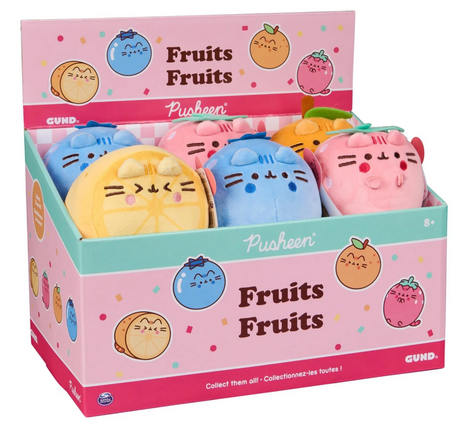 Box of colorful Pusheen Squisheen Fruit plush toys featuring strawberry, blueberry, orange, and lemon designs.
