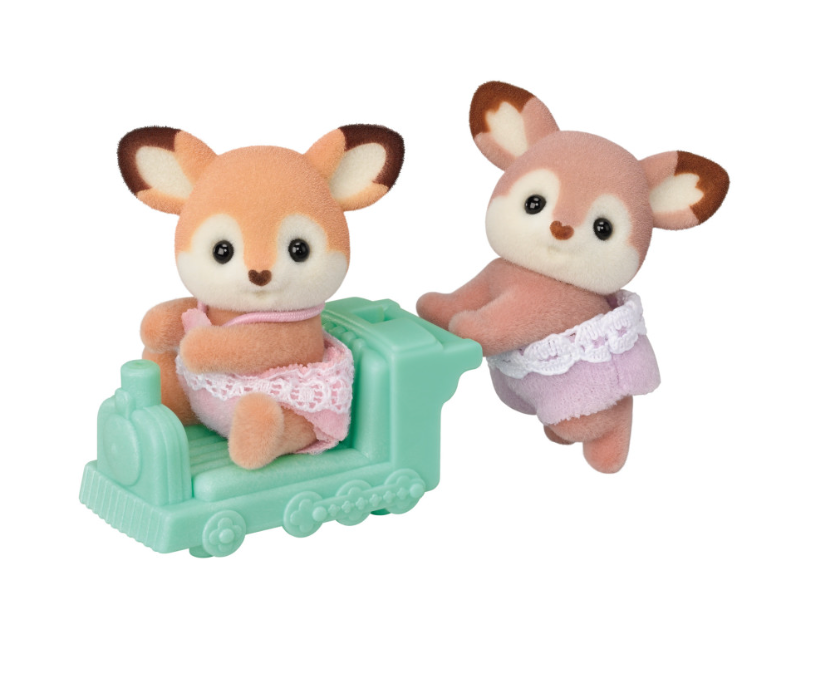 Deer Twins set with two colorful deer figures and a mint green pushcar, one twin sitting inside and the other beside it.