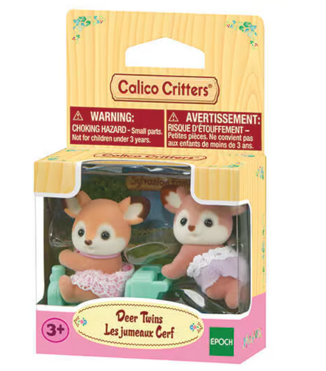 Deer Twins set featuring two deer figures with big ears, different colors, and a pushcar for ages 3 and up.