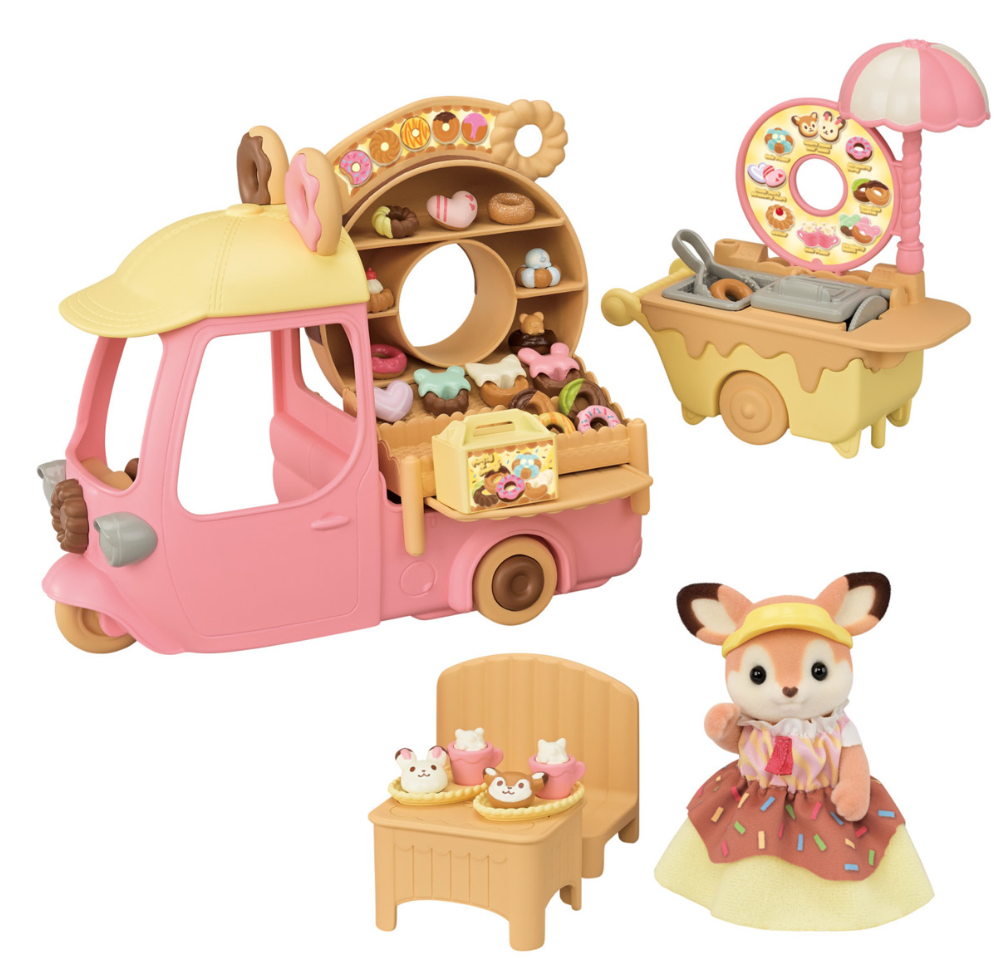 Dip Dip Donuts Wagon toy set with pink donut delivery wagon, fryer, accessories, and deer mother figure.