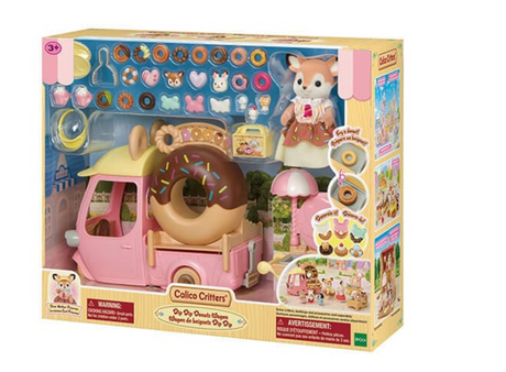 Dip Dip Donuts Wagon toy set featuring a donut delivery wagon, fryer, figure, and colorful donut accessories.