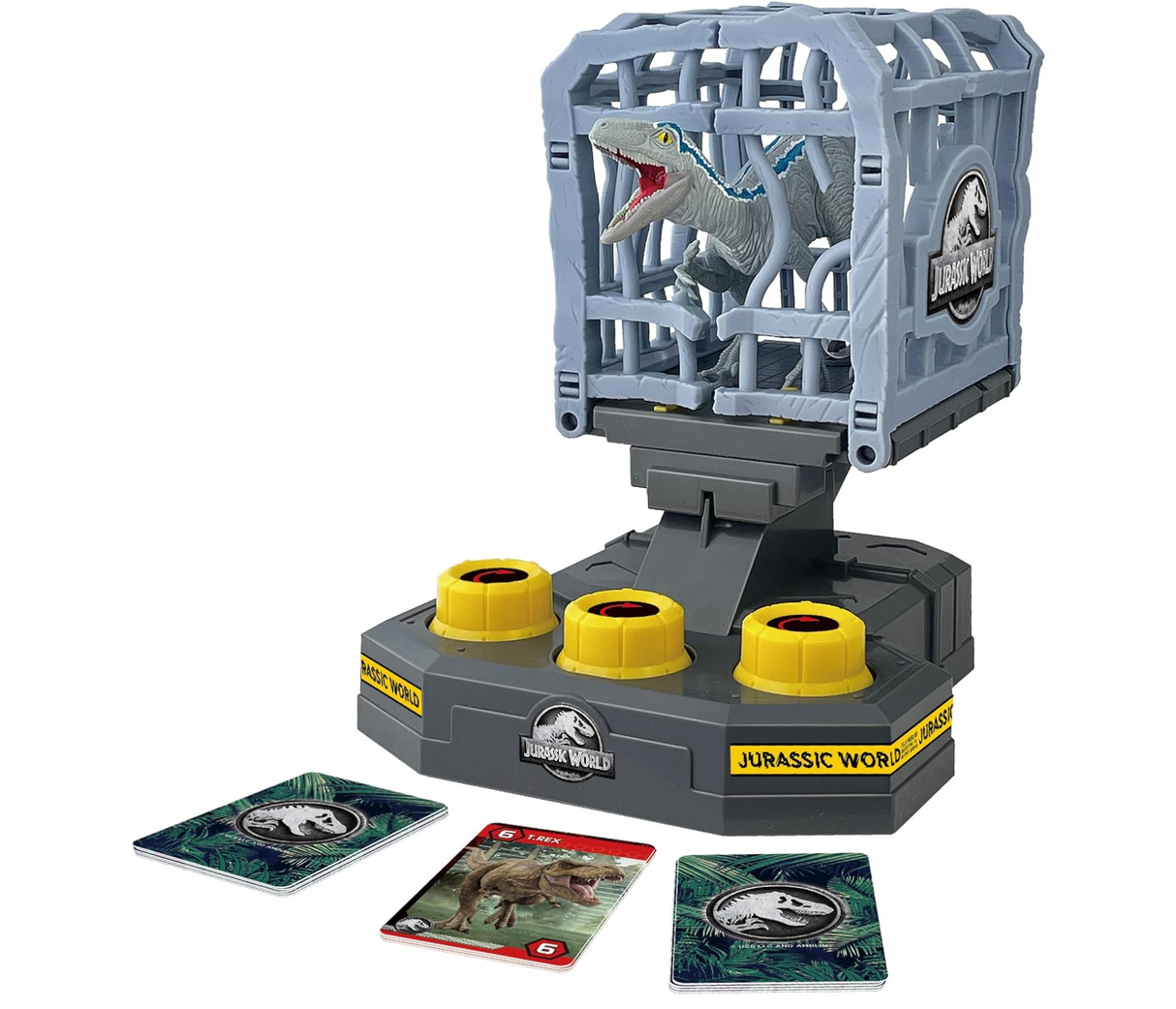 Jurassic World Cage Breaker game set with Velociraptor in cage and action cards for kids ages 4 and up