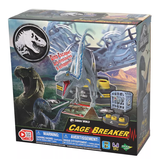 Jurassic World Cage Breaker game box featuring Velociraptor, cage, and action elements for children ages 4 and up.