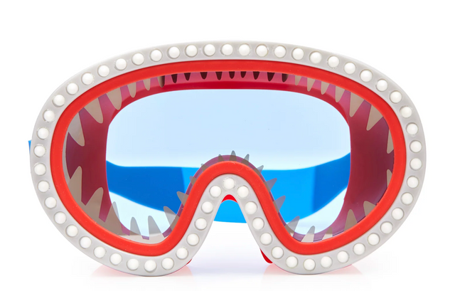 Swim Mask Shark Attack Chewy Red with wide lens and shark teeth design for kids, perfect for underwater adventures.
