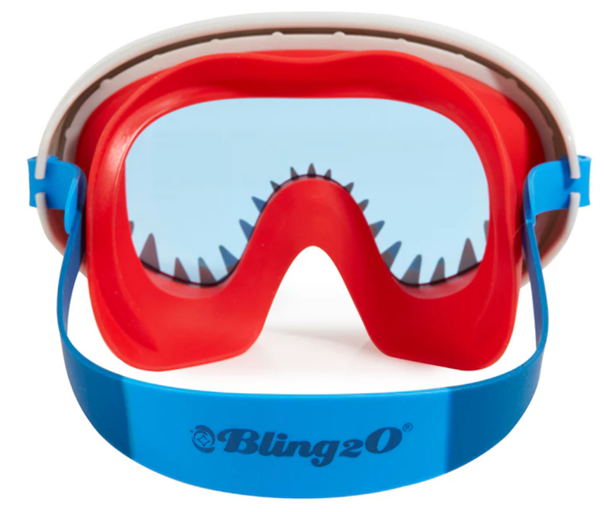 Swim Mask Shark Attack Chewy Red with wide lens and shark teeth design for kids' underwater fun and secure fit.