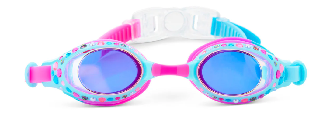 Goggles Glimmering Gem kids' swim goggles in blue and pink with sparkling crystal accents and secure easy back clip.