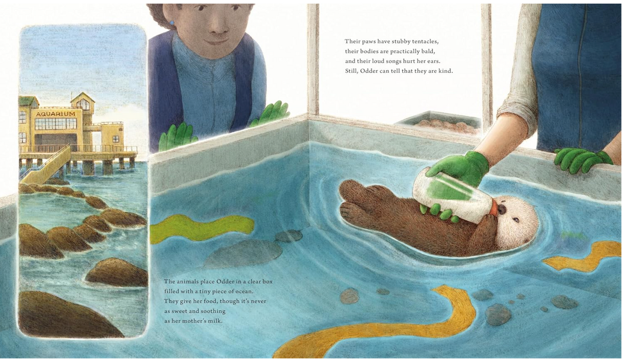 Odder - An Otter's Story shows a rescued otter pup being bottle-fed by a caregiver in a clear water tank.