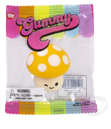 Gummy Mushroom mini squishy toy in yellow with white spots, perfect for squeezing and pocket-sized fidgeting.