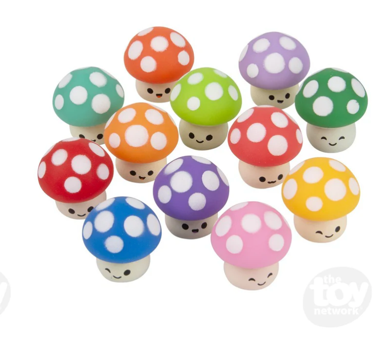 Assorted colorful Gummy Mushroom mini squishy toys with smiling faces, perfect for squeezing and fidgeting on the go.