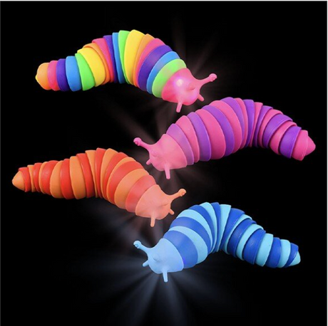 Sensory Wiggle Slug in assorted colors, wiggly toy that lights up and makes calming clacking sounds for sensory play.