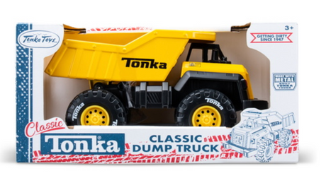 Tonka Dump Truck in retro packaging, durable metal and plastic construction with rugged rubber tires for outdoor play.