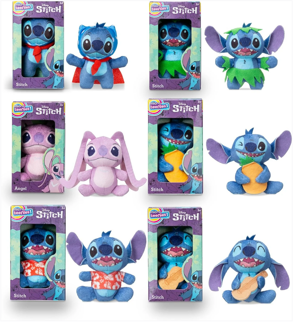 Stitch Micro Teenies Plush showing six 3-inch collectible plush in various fun Stitch-themed outfits and Angel.